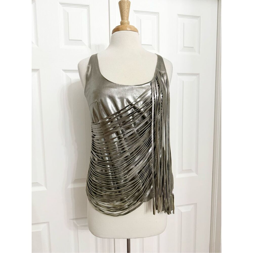 Nour Hammour Retrograde Gold Taupe Metallic Leather Fringe‎ Top Size 38 4 6